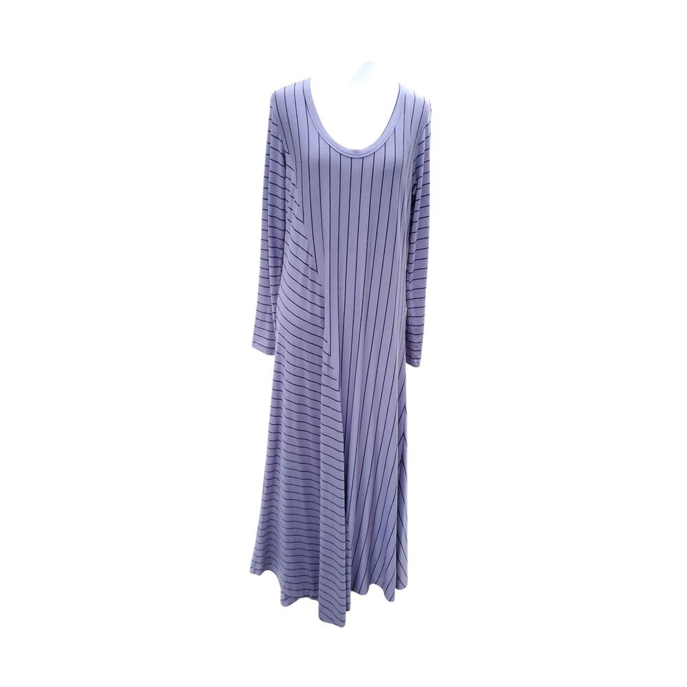 Comfy USA Blue Black Stripe Maxi Dress Long Sleeve Scoop Neck Size Small